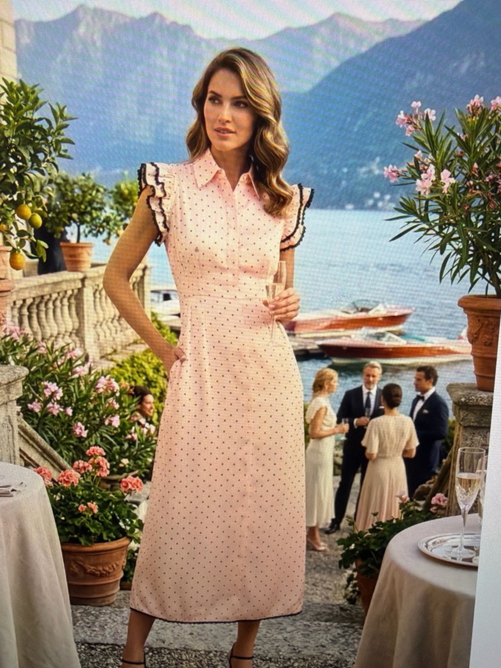 Pink Polka Dot Midi Dress with Ruffle Trim